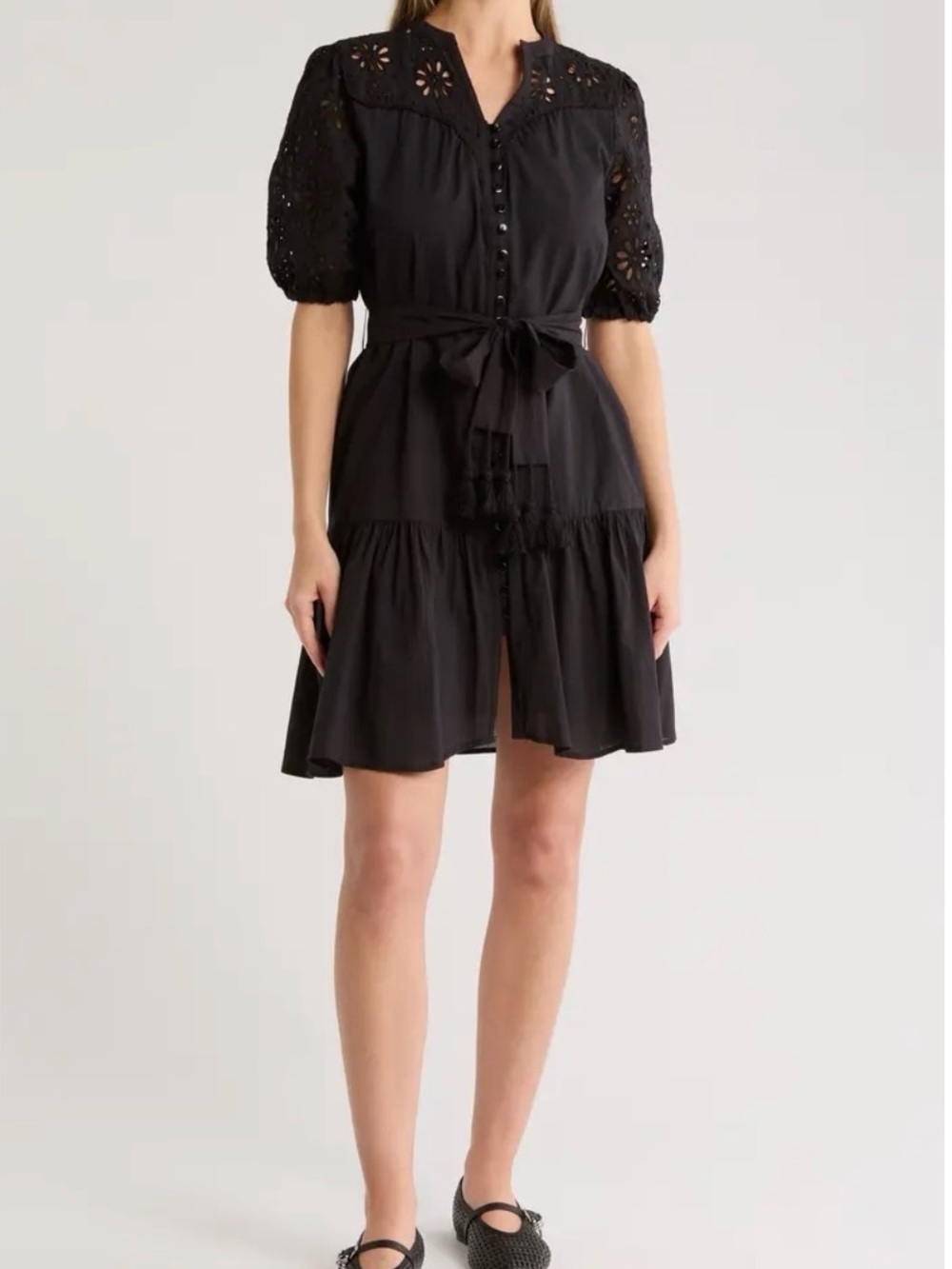 Ellen Tracy Black Eyelet Button Front Boho Whimsigoth Dress Sz M LBD